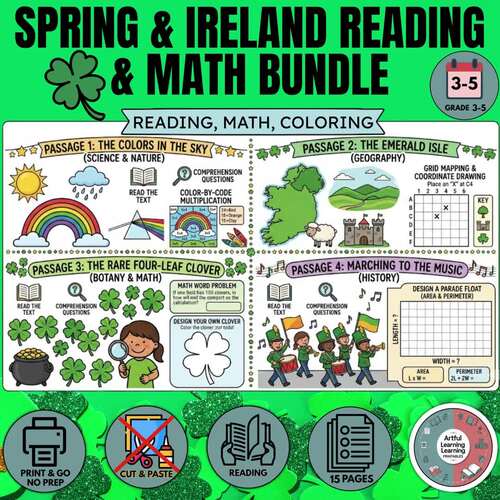 St. Patrick's Reading & Math Passages:Comprehension, Multiplication, Area, Color