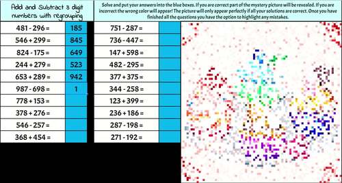 Adding and Subtracting 3 digit numbers with regrouping Pixel Art ...