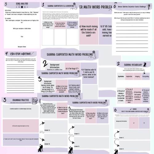 Sabrina Carpenter-Themed Grade 6 ELA & Math Worksheets by HomieSchool