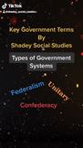 Types of Government Systems:  Unitary, Confederacy, Federalism.