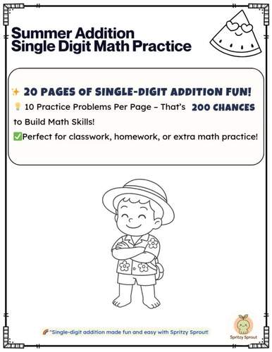 Summer Addition Fun – 20 Pages of Single-Digit Addition Practice (B&W)