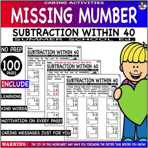 Subtraction within 40 Missing number fluency time test Fact - Summer ...