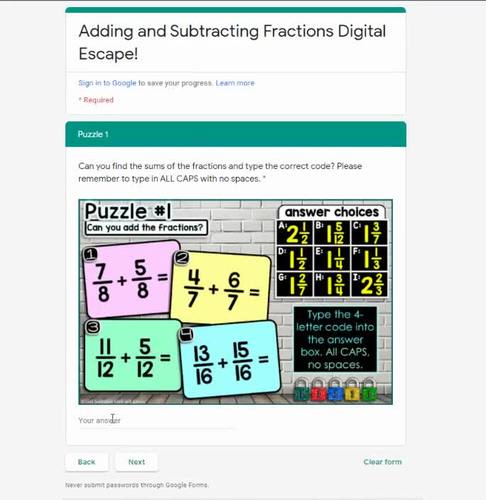 Add and Subtract Fractions 5th Grade Digital Math Escape Room Activity