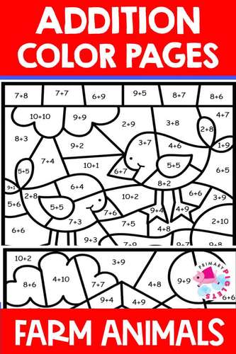 Color by Code FARM ANIMALS Color by Number Addition Sums 10 to 20 ...