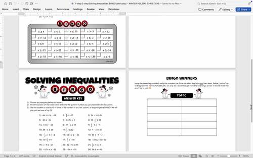 7th Grade Math Christmas Holiday Worksheet Activity: BINGO (Inequalities)