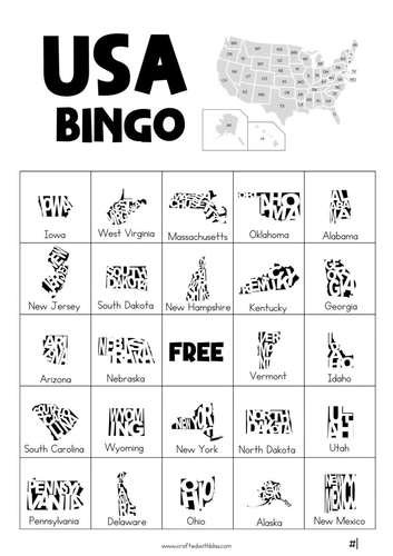 50 USA States Bingo Cards Classroom Game, 4th Of July Social Studies