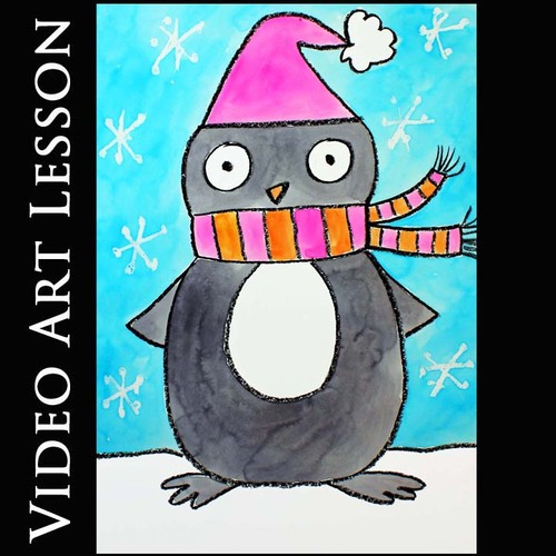 Preview of PENGUIN in a COZY SCARF Art Lesson | WINTER Directed Drawing & Painting Activity