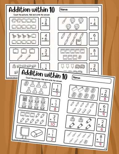 Back to School Picture Addition Within 10Worksheets School Supplies ...