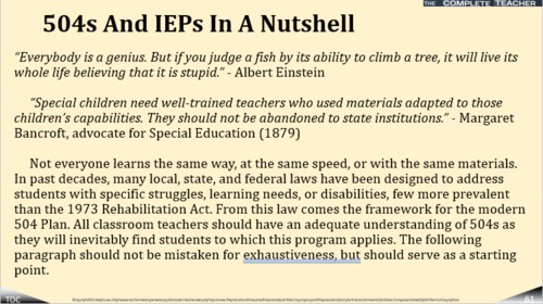 Preview of COMPLETE TEACHER Lesson 61 - 504s And IEPs In A Nutshell