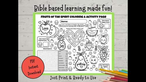 Fruits of the Spirit Coloring &amp; Activity Worksheet Placemat | Bible ...