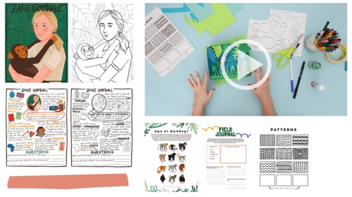 Preview of Jane Goodall Advanced Art Craft Lesson, Cute Fact Sheet, Printables, More!