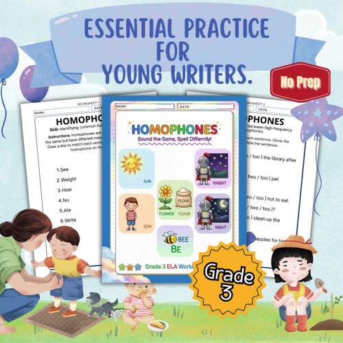 Homophones Worksheets Grade 3 | Spelling Practice | No Prep Printable