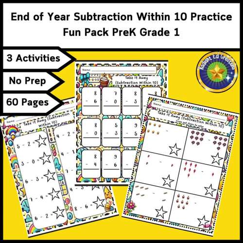 End of Year Subtraction Within 10 Practice Fun Pack PreK Grade 1