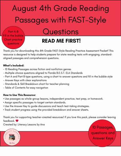 4th Grade ELA Test Prep Reading Passages with FAST-style Questions ...