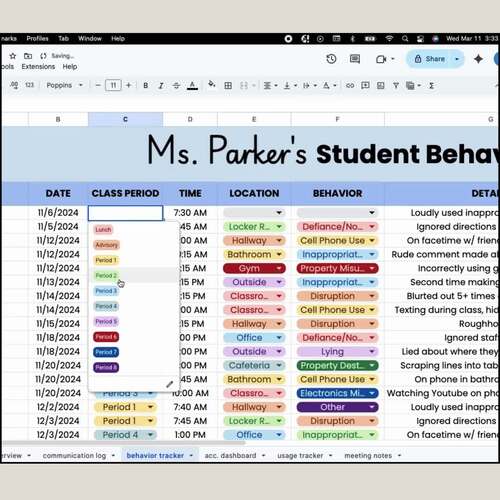 Student Behavior Data Tracker Spreadsheet, Editable Behavior ...