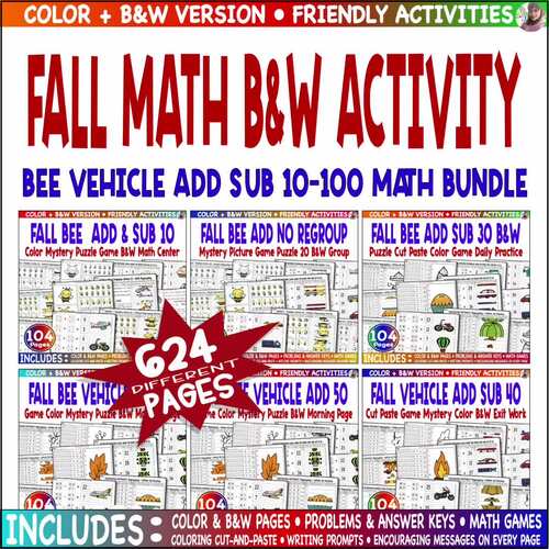 Math Word Activity Bundle Fall Bee Vehicle Add Sub 10-100 B&W Math Bundle .