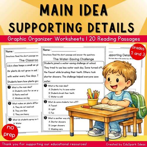 Main Idea & Supporting Details Reading Passages | Graphic Organizer ...