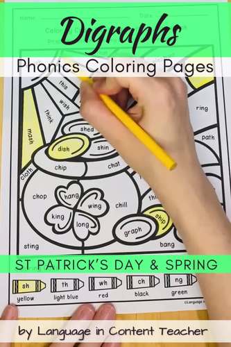 Color by Code Consonant Digraphs Worksheets SH TH CH NG WH PH QU St Patrick's 