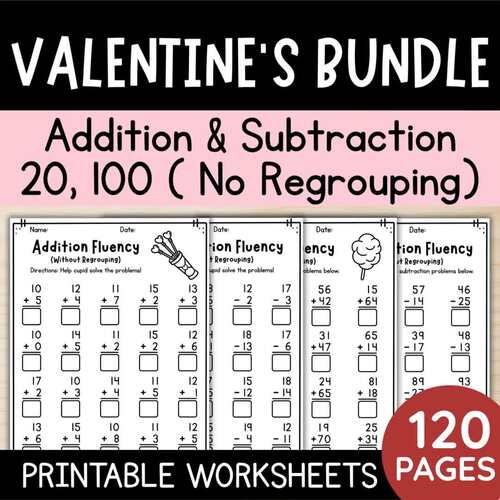 Valentine’s Day Math: Addition & Subtraction Fluency Bundle (No Regrouping)