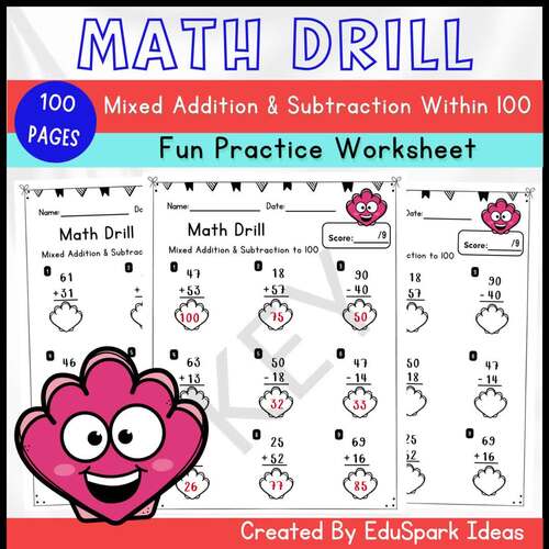 Mixed Addition & Subtraction Within 100 : Math Drill | for 1st to 3rd-grade