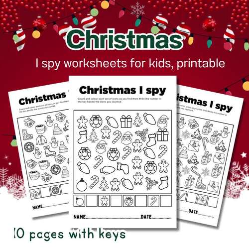 Christmas I Spy Printable Worksheets for kids, Christmas game, Counting