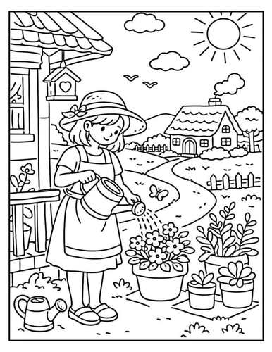 Spring Country Life Coloring Pages | Farm & Village Fun | Garden ...