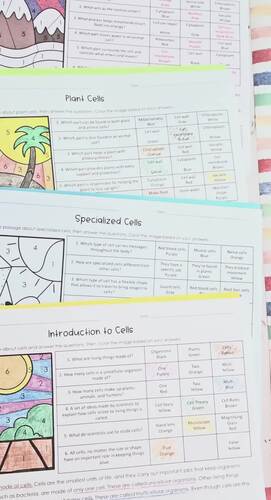 Plant vs Animal Cells Color by Number Reading Science Worksheets 6th