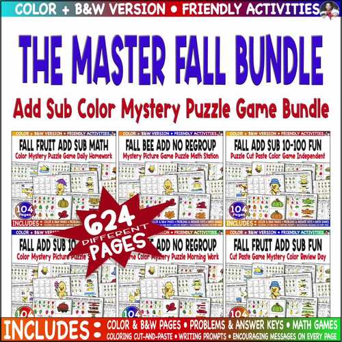 Math Word Activity Bundle Fall Bee Fruit Add Sub 10-100 Math Activity Bundle .