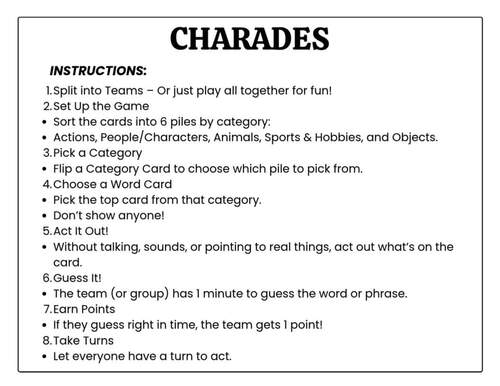 Printable Charades Game for Kids Families Party Classroom Printable Charades Game for Kids Families Party Classroom