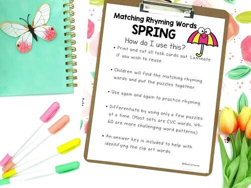 Spring Rhyming Activity Matching Puzzles Pre-K TK Preschool Kinder Center