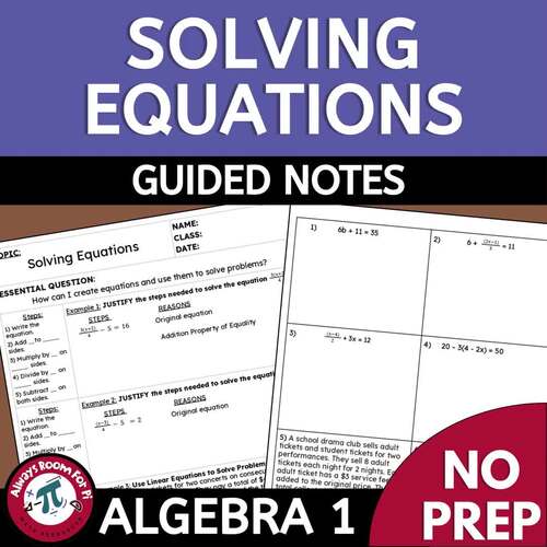 Solving Equations Guided Notes Algebra 1 Differentiated TEKS A.5A No Prep