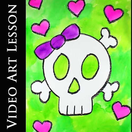 Preview of CUTESY SUGAR SKULL Art Lesson | EASY Pirate Drawing & Painting Project