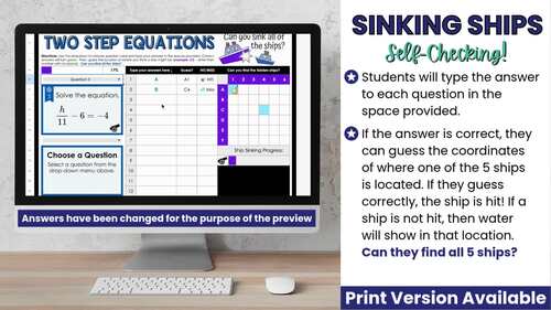 Solving Two Step Equations Self-Checking Digital Activity - Sinking ...
