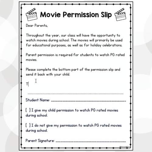 Editable Movie Permission Slip for Parents Back to School Classroom Form