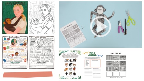 Preview of Jane Goodall Beginner Art Craft Lesson, Cute Fact Sheet, Printables, More!