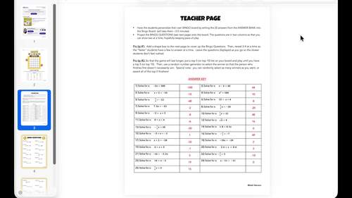 6th Grade Math Review Game 1-Step Equations Bingo Fun Activity No Prep