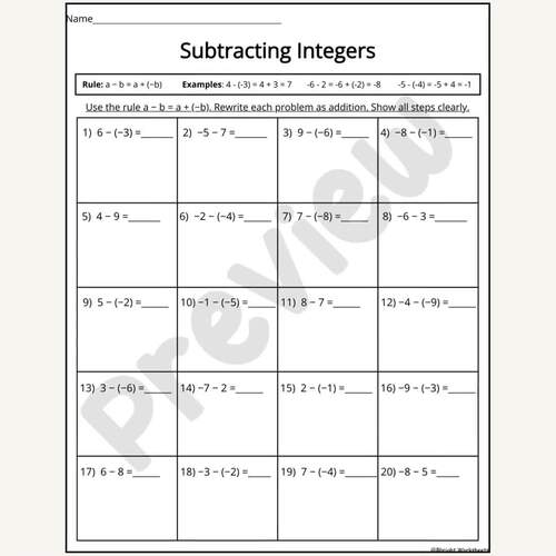 Subtracting Integers Single-Digit Worksheets | 7th Grade Math Practice ...