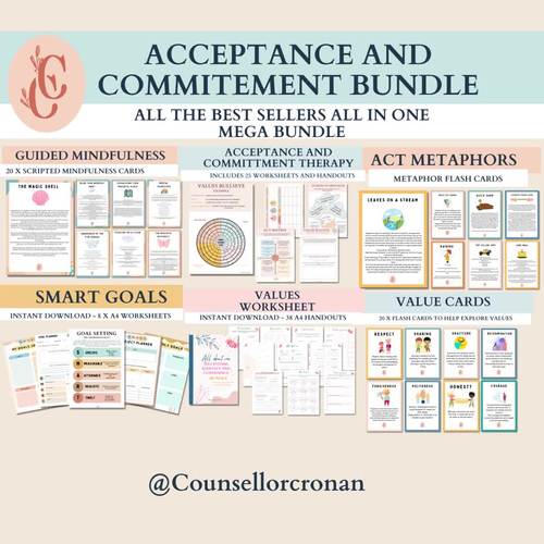 Acceptance and commitment therapy mega bundle worksheets, ACT
