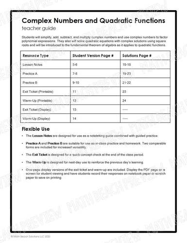 Complex Numbers and Quadratic Functions Lesson by Math Beach Solutions