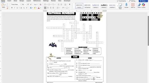 7th/8th Grade Math Rational Numbers Worksheet Halloween Crossword Puzzle