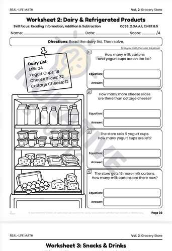 Vol. 2: Grocery Store Math Worksheets | Addition & Subtraction | Grade 2–3
