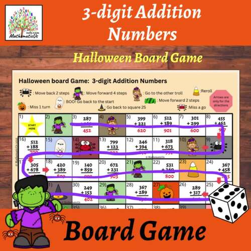 Addition 3 Digits with Regrouping Halloween Board Dice Game by MathematicUs