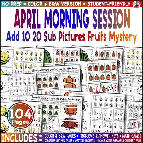 April Morning Session Add 10 20 Sub Pictures Fruits Mystery Cut Paste Game