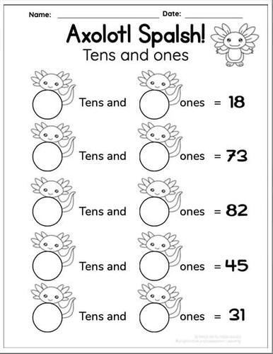 Axolotl Math Worksheets Tens and Ones Fun Place Value Activities K-1 No ...