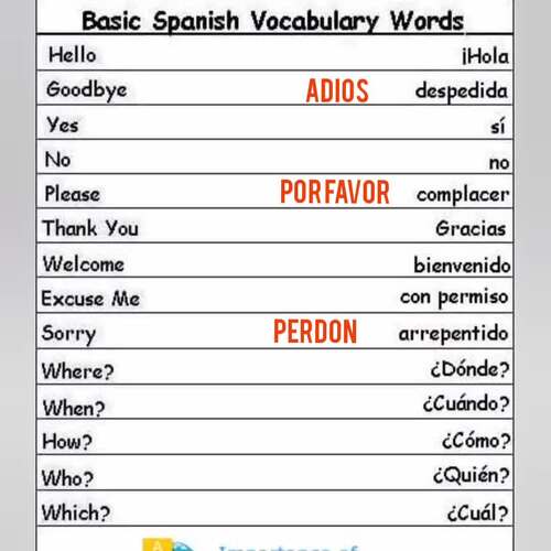 Basic Spanish words translated from english by Spanish Learning 101