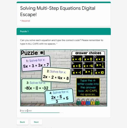 Solving Multi Step Equations Digital Math Escape Room Tpt
