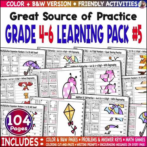 Spring + Fall Math Practice | Add Sub Mul Div | Mystery Picture Cut, Paste Color