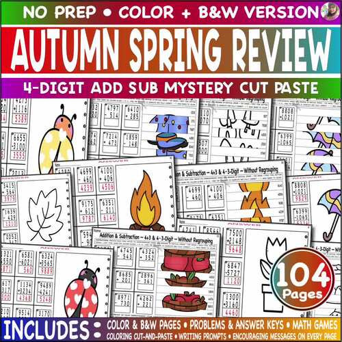 4-Digit Fall Spring Math Mystery Cut Paste Color Game Weekend Relaxing Practice