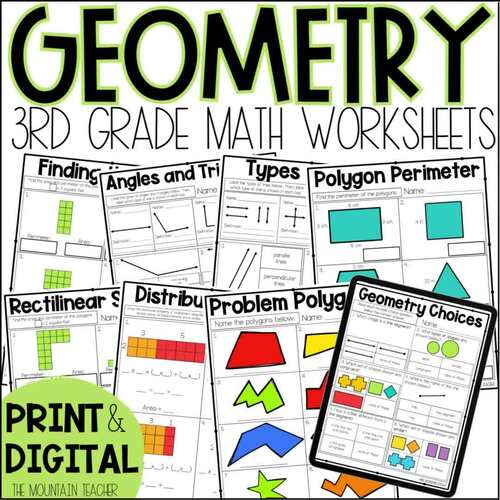 3rd Grade Geometry Worksheets for Polygons, Lines, Angles, Area and ...