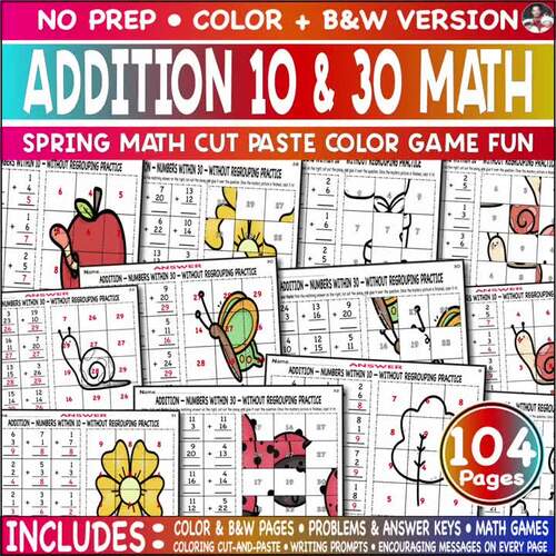 Spring Math Addition 10 & 30 Mystery Picture. Fun Cut Paste Color Game for K-4th